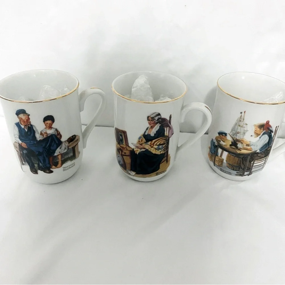 VINTAGE SET Of 5 Norman Rockwell Museum Coffee Mugs Cups White Gold Trim JAPAN